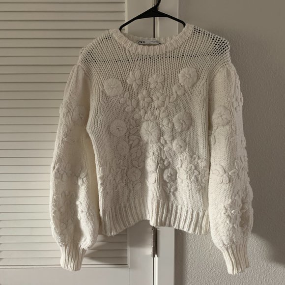 BLOGGER FAV ZARA Women Floral Embroidered Sweater 1957/002, White, Size S - Picture 1 of 8